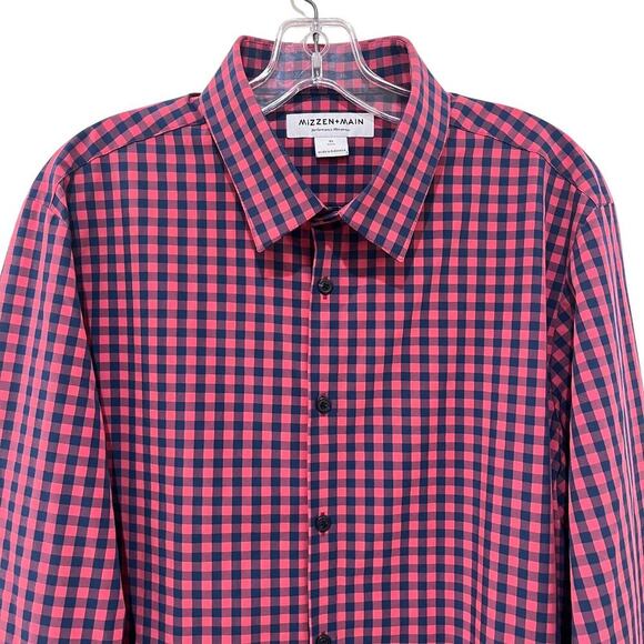 Mizzen + Main Performance Button Down XL Gingham Plaid Shirt Pink Navy Trim Fit - Picture 3 of 9